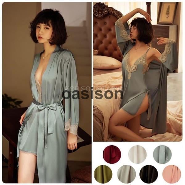 レースガウン ロング丈 ベルト付き レディース 誘惑  ランジェリー ベビードール サテン 光沢感 ...