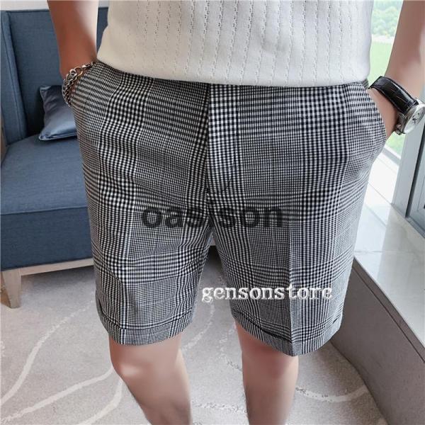 チェック柄 ハーフパンツ メンズ 夏服 スラックス チノパン スリム 5分丈 涼しい ビジネス クー...