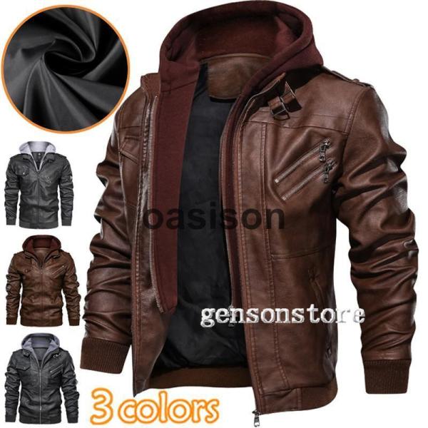 レザーパーカー メンズ フード付き シンプル レザージャケット ライダースジャケット 革ジャン フェ...