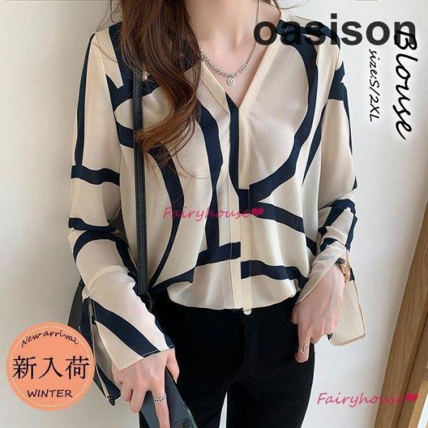 ブラウスレディース 40代 秋服 長袖ブラウス オシャレブラウス Vネック プリント シフォントップ...