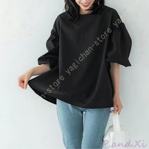 レディース ブラウス パフスリーブ トップス オフィス Tシャツ 無地 シンプル クルーネック ベー...