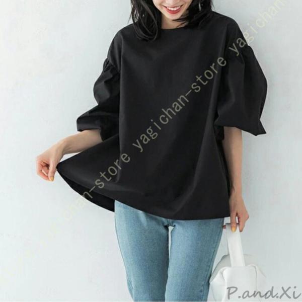 レディース ブラウス パフスリーブ トップス オフィス Tシャツ 無地 シンプル クルーネック ベー...