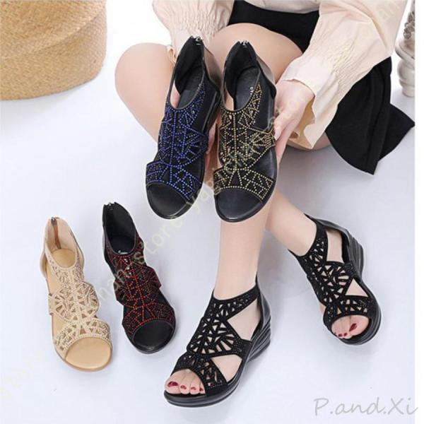 サンダル レディース 厚底 クッション ウェッジソール ローヒール バックジッパー ボヘミアン オフ...