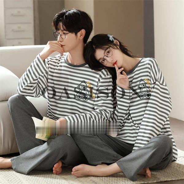 ペアパジャマ カップル 秋 結婚お祝い プレゼント パジャマ 長袖 ボーダー柄 かわいい ルームウェ...