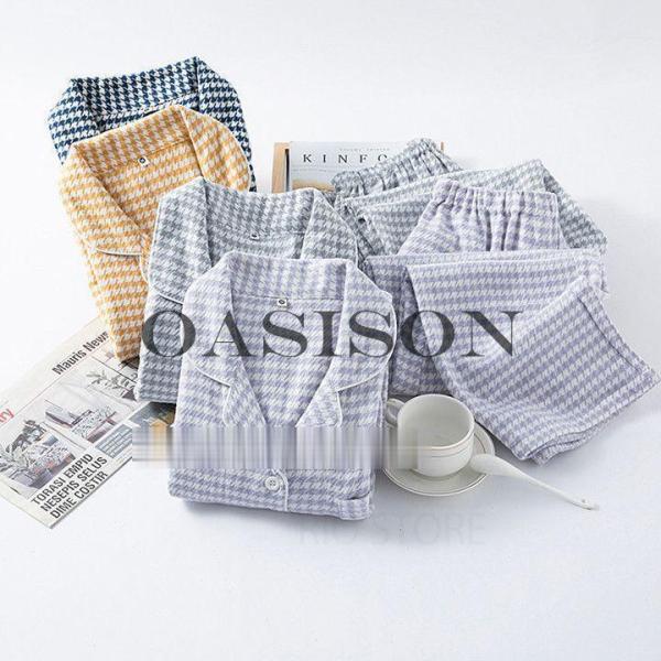 カップル パジャマ ルームウェア 秋 ペアパジャマ 長袖 前開き 綿 コットン 千鳥柄 カップル お...