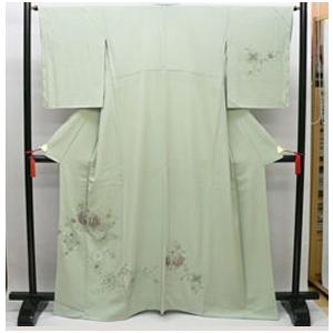 中古☆良品 すわとう刺繍☆ 附け下げ 正絹 花 グリーン系 身丈159cm 