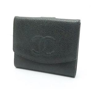 中古 良品 CHANELシャネル 二つ折り財布 キャビアスキン ブラック ココマーク｜obatays