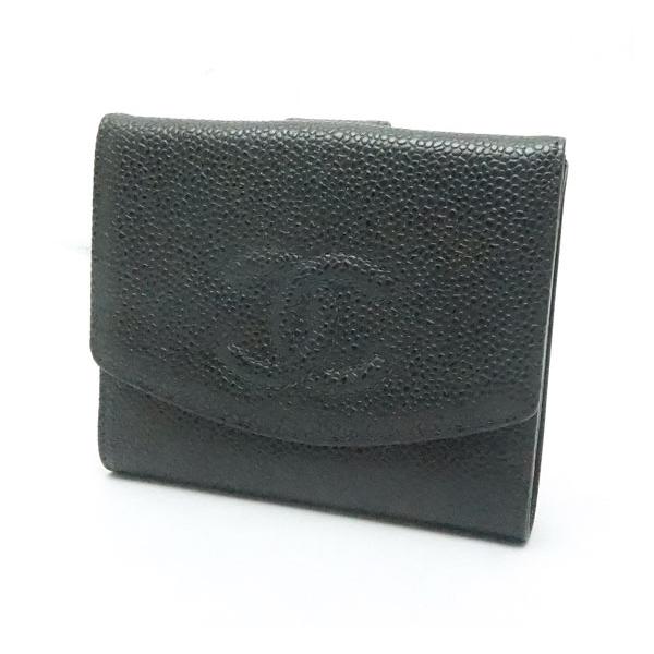 中古 良品 CHANELシャネル 二つ折り財布 キャビアスキン ブラック ココマーク