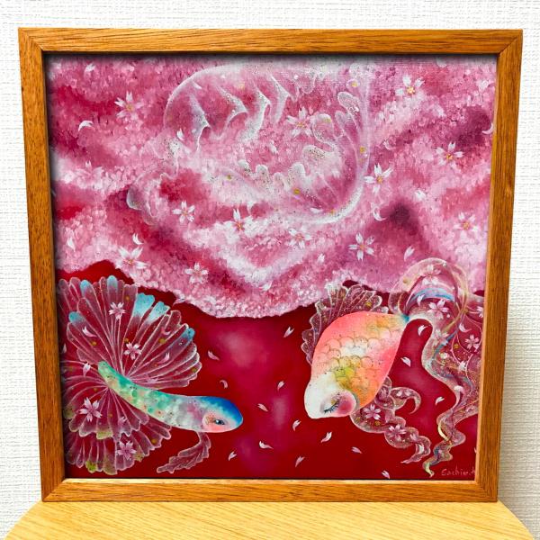 作品 : 桜 絵 絵画 さくら 金魚 きんぎょ 魚 動物 縁起絵 アート 30cm×30cm アニマ...