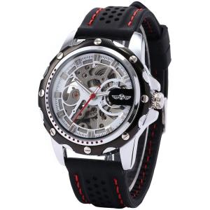 mastop Mens Skeleton Automatic Mechanical Black Silicone Band Sport Wrist W