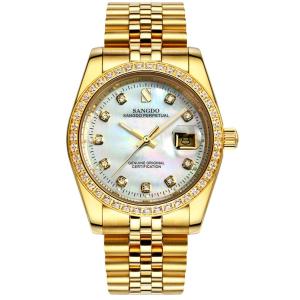 PASOY Men Gold Watch Red Dila Waterproof Sapphire Diamonds Srystal Stainles
