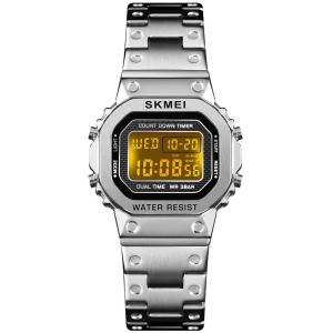 PASOY メンズ デジタル多機能腕時計 ステンレススチール スクエアケース デュアルタイムアラーム ストップウォッチ カウントダウンバックライト 防