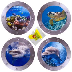 4 PCS Ocean World Wall Window Stickers, 11 Inches Porthole 3D Sea Turtle, S