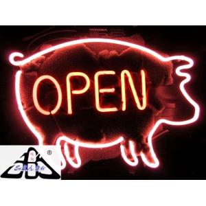 OPEN 豚シルエット ピッグ 肉料理 焼肉 とんかつ 精肉店 フードトラックガラス製 ネオンサイン...