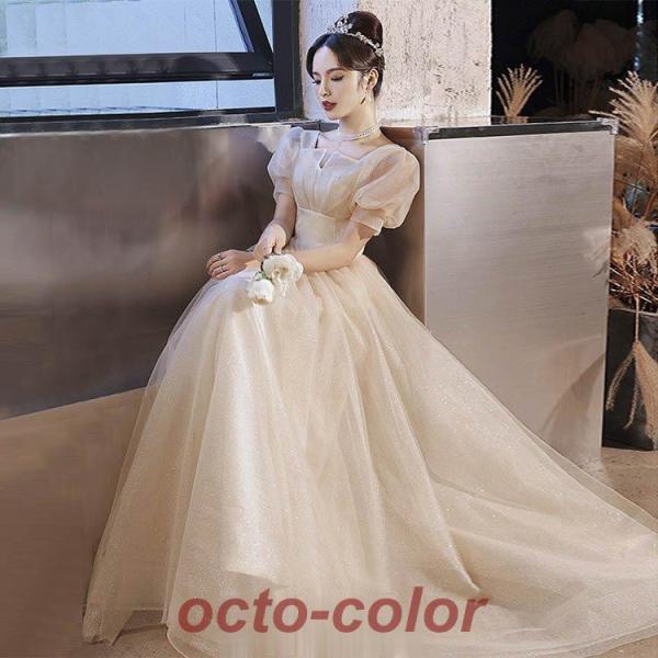 イブニングドレス ロングドレス パフスリーブ プリンセスドレス 発表会ドレス 黒 ブラック パーティ...