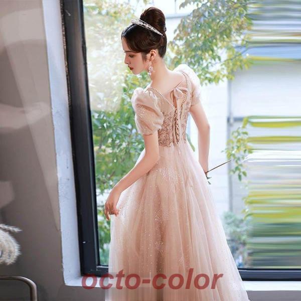 イブニングドレス ベージュ ロングドレス パフスリーブ プリンセスドレス チュールドレス Aライン ...