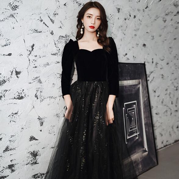 イブニングドレス 黒 ベロア ベルベット ロングドレス ブラック 紗 チュール ドッキング オシャレ...