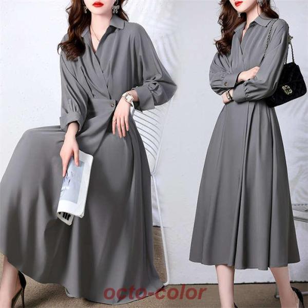 ワンピース レーディス Aライン ワンピース Vネック 長袖 シャツワンピ ロングワンピ ロング丈 ...