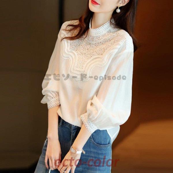 春新着セールブラウス レディース きれいめ 春夏秋新作 オシャレブラウス 白レースシャツ 長袖トップ...