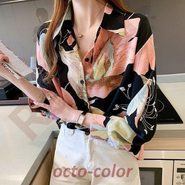 ブラウス レディース 40代 春夏秋 オシャレブラウス シャツ 長袖トップス 花柄シフォンシャツ お...
