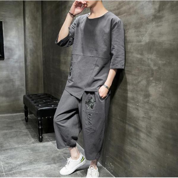 メンズ チャイナ セットアップ 上下セット 中華風 和風 和柄 涼しい 半袖ティーシャツ Tシャツ ...