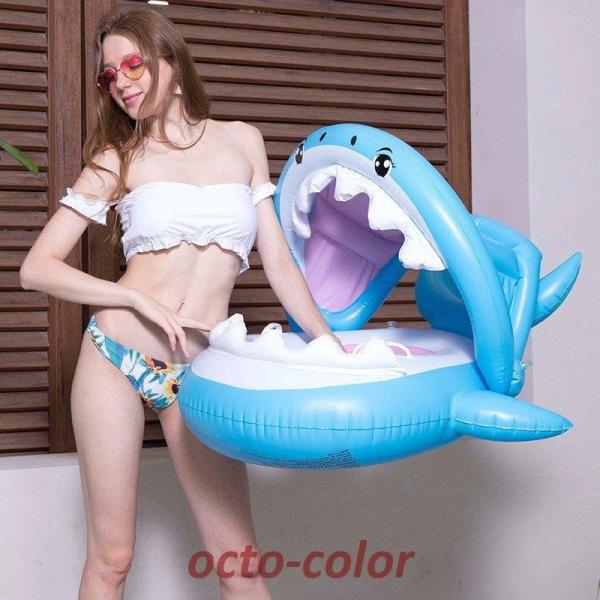 うきわ 水遊び プール 子供 赤ちゃん お風呂 浮き輪 用 屋根付き浮き輪 サメ柄 ベビーボート 足...
