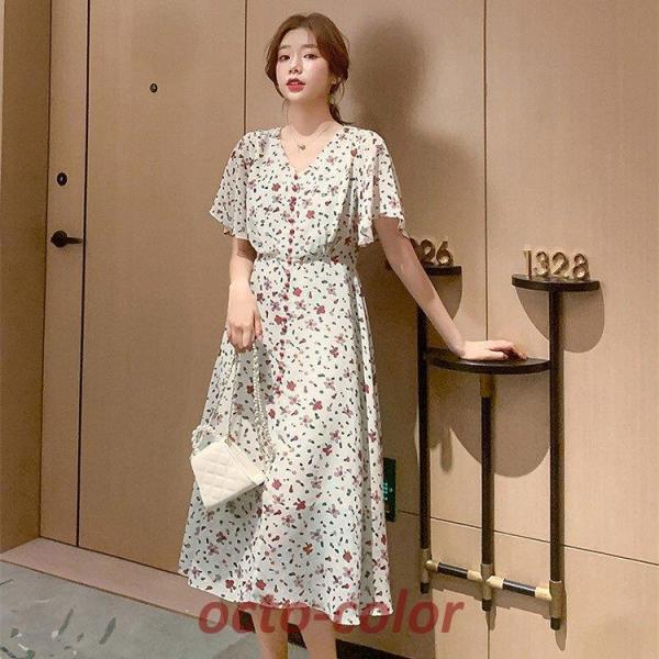 マキシワンピース レデイース ワンピース Vネック 半袖 夏 花柄 シフォン ロング丈 大きいサイズ...