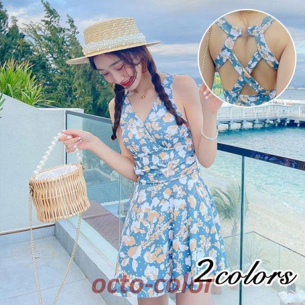 水着 レディース ワンピース水着 サロペット 花柄 夏 おしゃれ 小胸 ママ水着 バンドゥ 日焼け防...