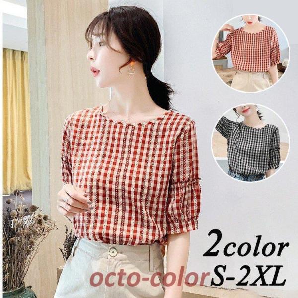 Tシャツ レディース ブラウス チェック柄 シフォン 夏 大きいサイズ 上品 オシャレ 通勤 シャツ...