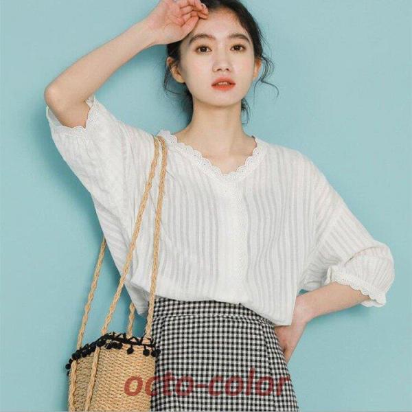 Tシャツ レディース ブラウス 夏 上品 レース ブラウス 白 大きいサイズ Vネック バルーンスリ...