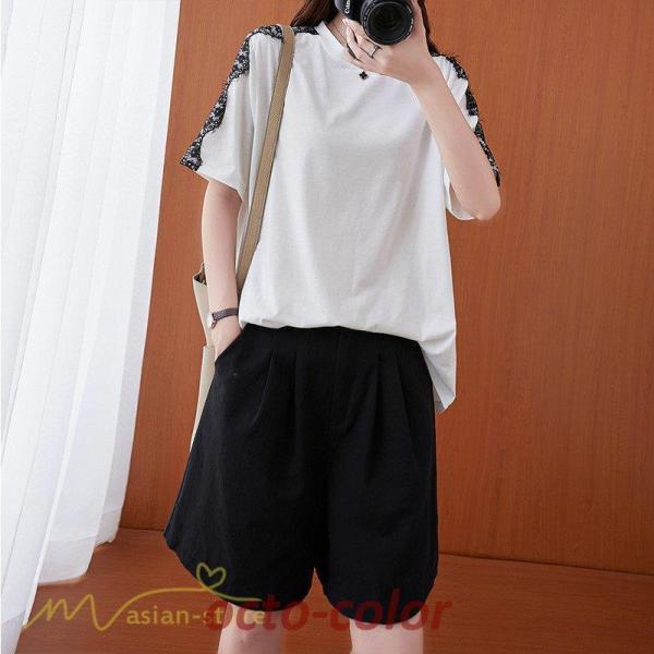 Tシャツ 5分袖 ゆったり ワイドTシャツ トップス カットソー きれいめ レース付き カジュアルT...