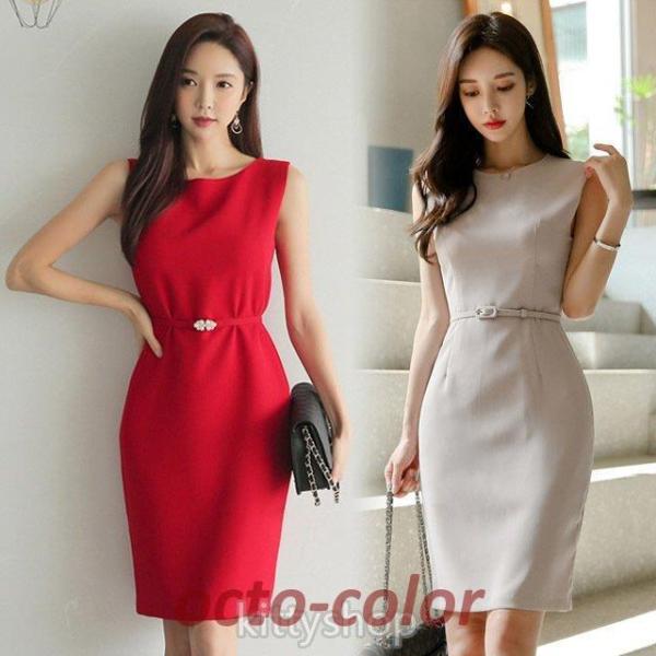 赤 ワンピース フォーマル 通勤 OL 膝丈ワンピース ノースリーブ タイトワンピース ひざ丈 20...