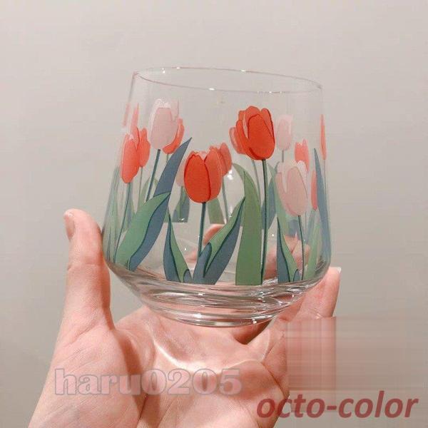 グラスコップ おしゃれ カップ ガラス 380ml 花柄 コーヒー 牛乳 ビール デザート マグカッ...