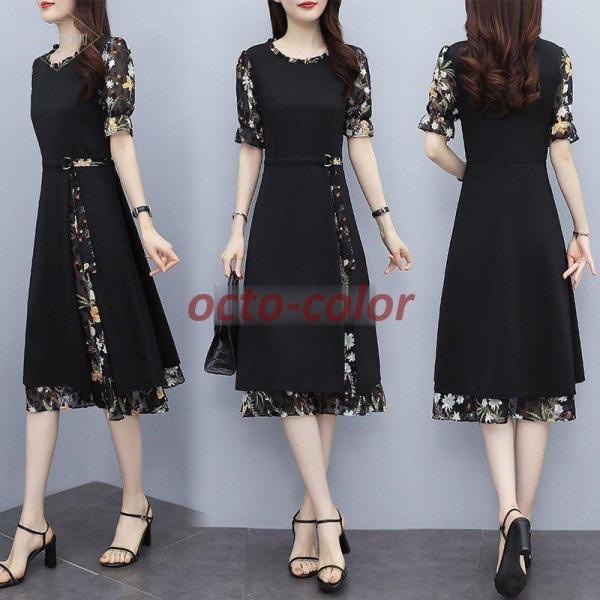 ワンピース レディース きれいめ  結婚式 着痩せ 長袖 半袖 Aライン 膝丈 パーティードレス 上...