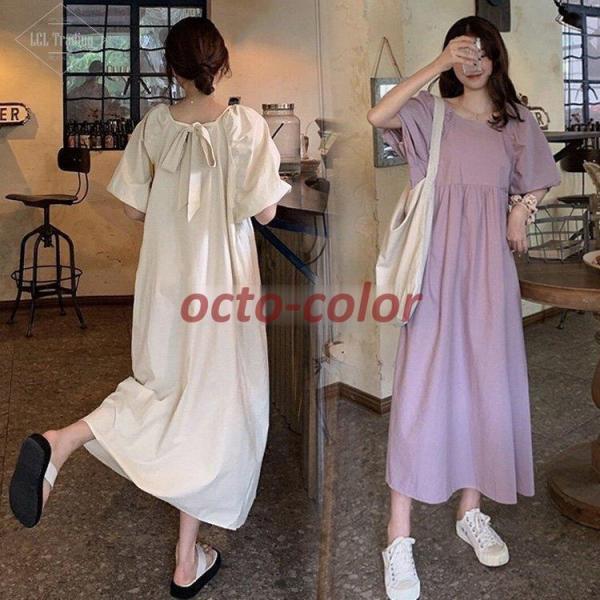 ワンピース レディース 40代 キレイめ マキシワンピース 夏 半袖ワンピース 背中リボン パフスリ...