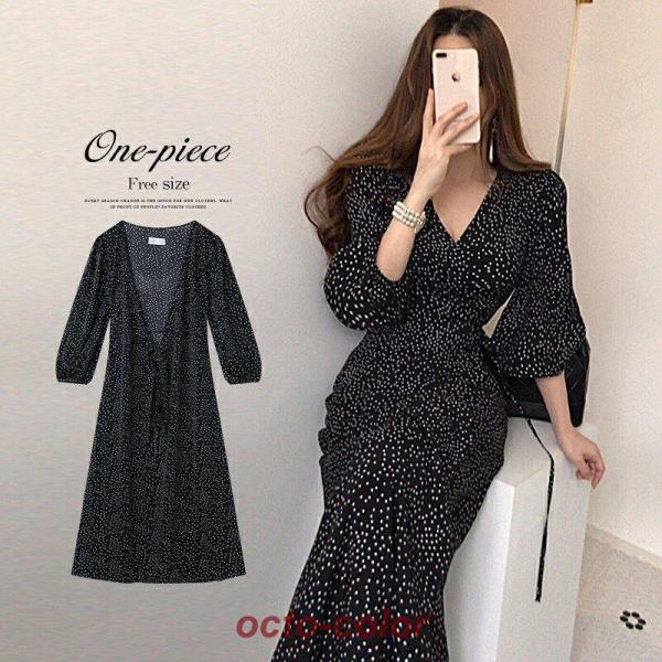 ドット柄 ラップヘムドレス ロングワンピース 水玉模様プリント ワンピース 大人 上品 おしゃれ オ...