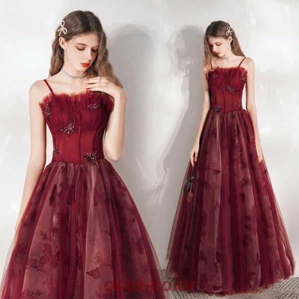 イブニングドレス ワイン赤 ノースリーブ キャミドレス 発表会ドレス ロングドレス 蝶柄 結婚式ドレ...