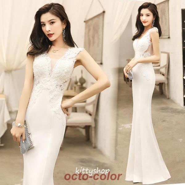 全5色 マーメイドドレス ロングドレス 白 レース Vネック  イブニングドレス 黒 ワイン赤 緑 ...