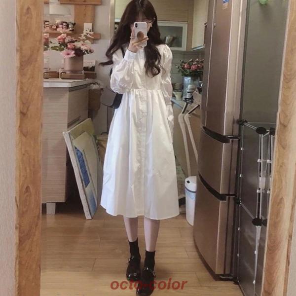 白シャツワンピース長袖 韓国ファッション