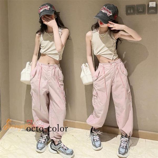 キッズダンス衣装 子供服 ヒップホップ タンクトップ カーゴパンツ 薄手 女の子 へそ出し ピンク ...