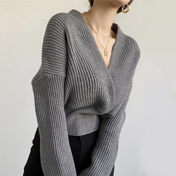 ニット セーター レディース 長袖 Vネック ハイウエスト バルーン袖 ロングスリーブ クロスデザイ...