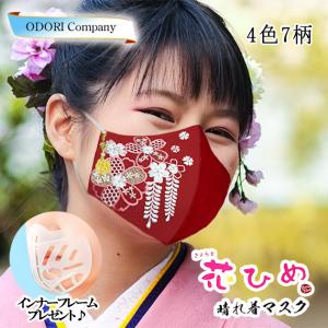 晴れ着用マスク 花ひめ 成人式 卒業式 振袖用 刺繍入り マスク フレームプレゼント 赤 桜藤 日本製 不織布フィルター・チャーム付き 女子袴、着物用