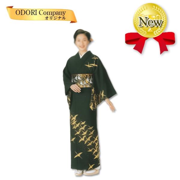 踊り 着物 舞踊 絵羽 反物 深緑 金 鶴 当店限定商品