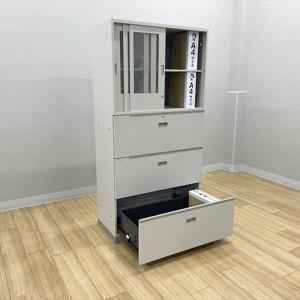 3段ラテラル 3枚スライド扉 上下書庫 上段ガ...の詳細画像1