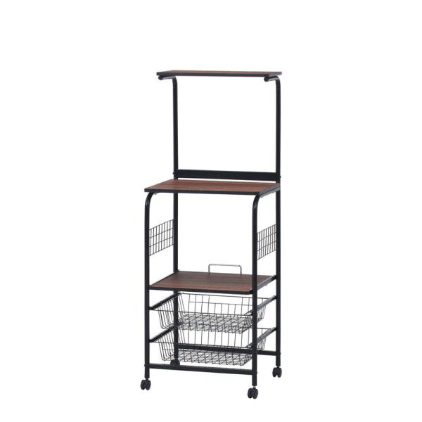 レンジワゴン ホワイト ブラウン キッチン収納 キッチンワゴン バスケット付き 幅515×奥行410...