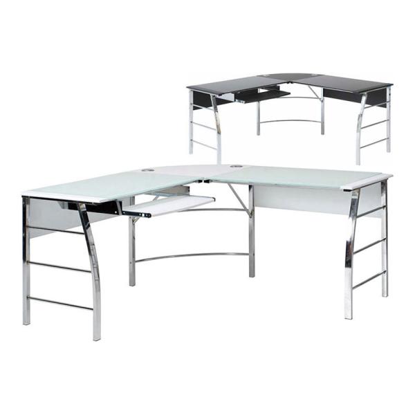 ガラスPCデスク L型 ワークデスク 在宅勤務 キーボードトレイ コードホルダー付属 強化ガラス ス...
