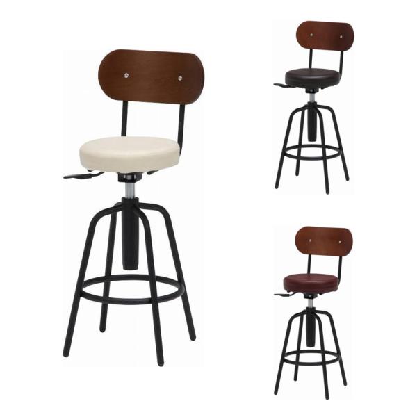 バースツールバックレスト付き ガス圧昇降仕様 PVC座面 天然木合板背もたれ カフェスタイル コミュ...