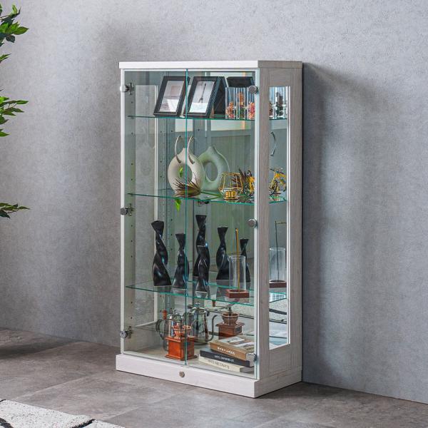 ロータイプ コレクションケース ガラス LED 照明付き 背面ミラー 収納 棚 フィギュアケース シ...