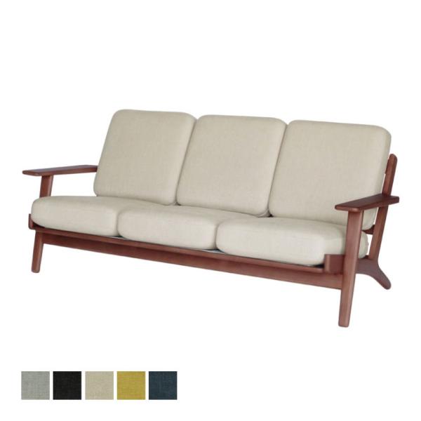ラウンジソファ スカンディナヴィアデザイン 3人掛け フレーム:アッシュ無垢材 ブラウン塗装 クッシ...