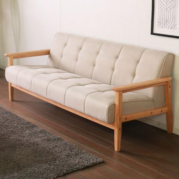 3人掛け ソファ 布 天然木 木製 肘付き ラバーウッド材 北欧 ナチュラル 椅子 ブルー グリーン...